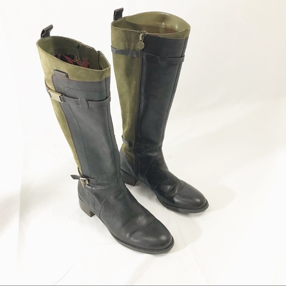 Etienne Aigner Olive and Brown Leather Tall Boots